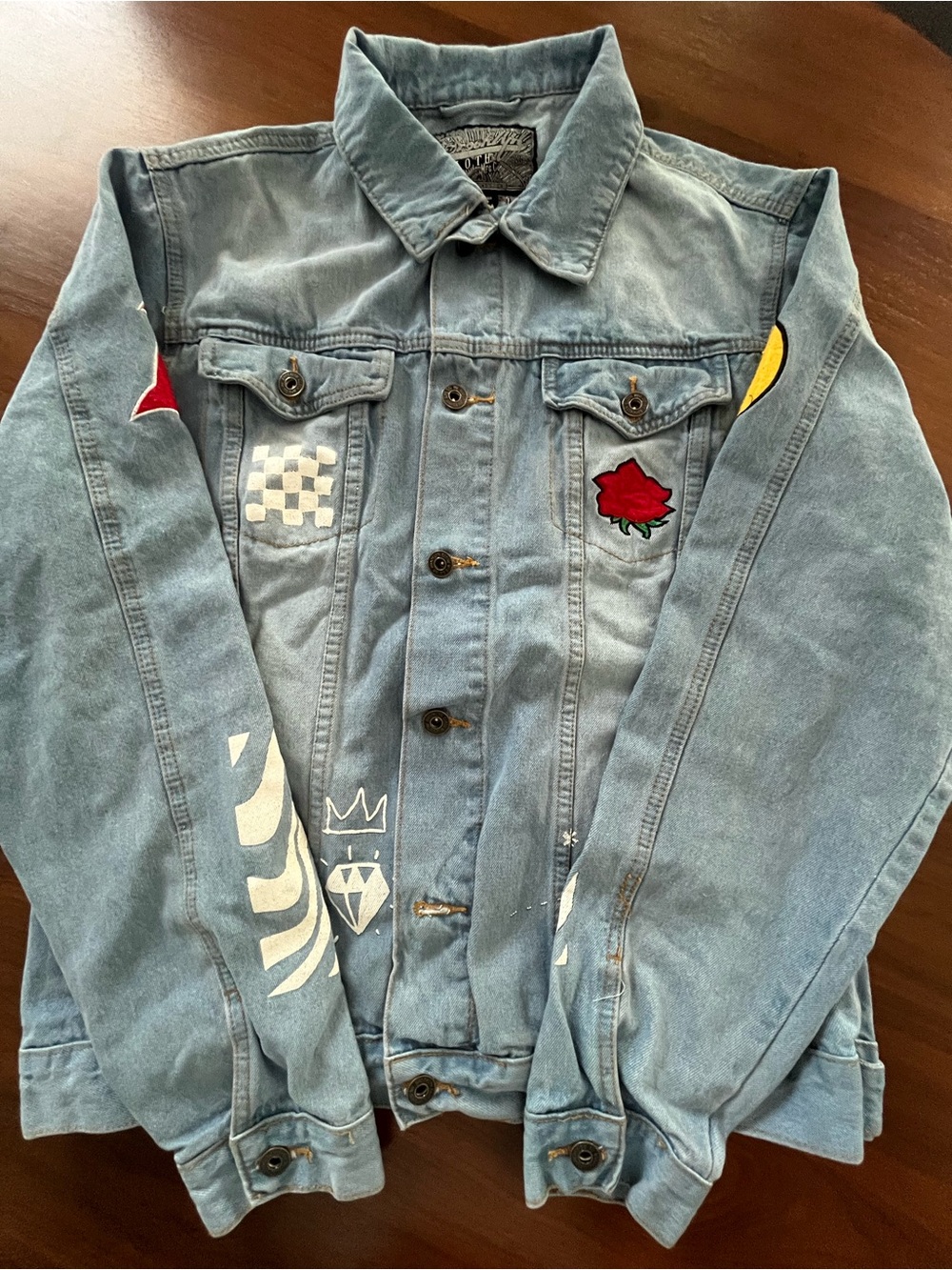 Brooklyn Cloth Light Blue Denim Jacket with Red Rose Patch & White Graphics